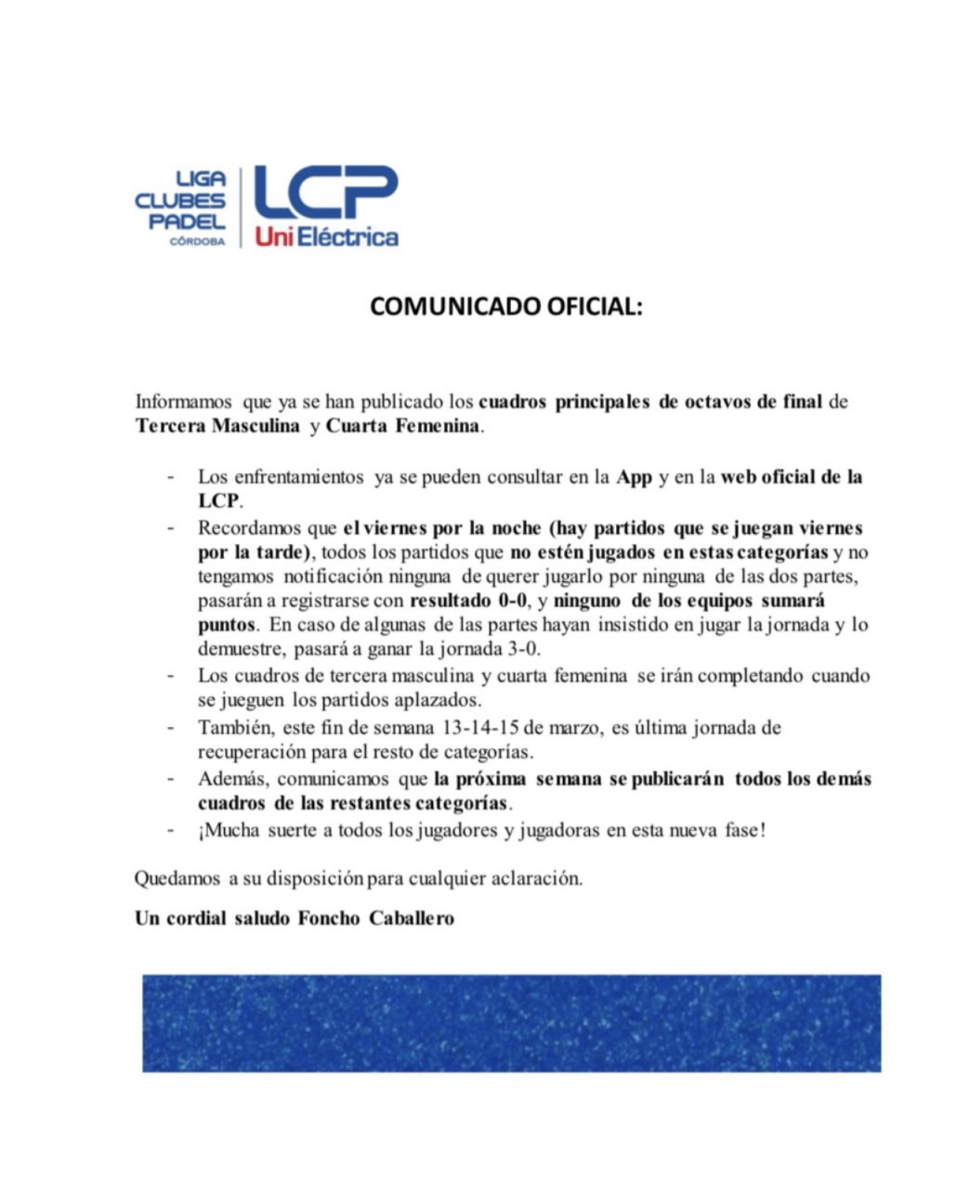 COMUNICADO INFORMACION CUADROS FINALES
